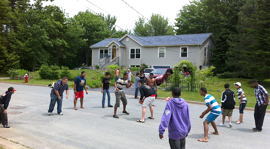 Playing football in the street